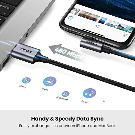 Ugreen Örgülü 90° Lightning iPhone Şarj ve Data Kablosu Siyah 1.5 Metre