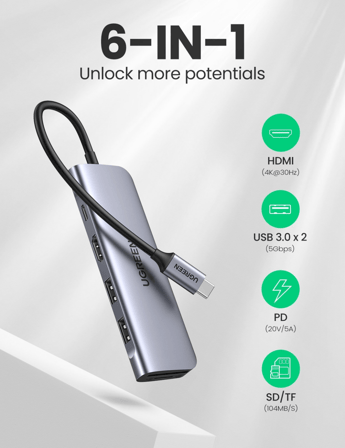 Ugreen Type-C to HDMI USB 3.0 TF SD PD Dönüştürücü Çok Fonksiyonlu Adaptör