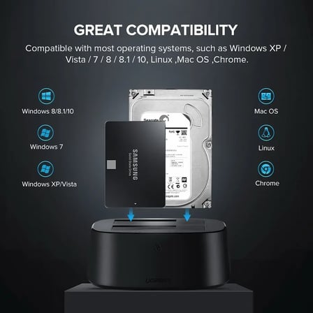 UGREEN 70442 CM198 USB-A 3.0 2.5''-3.5'' HDD SSD Dual Dock Station Alüminyum Çift Yuvalı Sata Sabit Disk Bağlantı İstasyonu