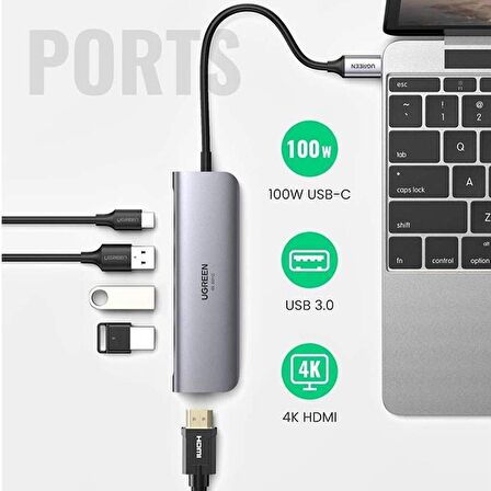 Ugreen Type-C to HDMI 3*USB 3.0 Çoklayıcı Hub ve Dönüştürücü Adaptör