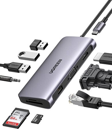 Ugreen Type-C to USB 3.0 HDMI VGA RJ45 TF SD 3.5MM Aux PD Dönüştürücü Adaptör