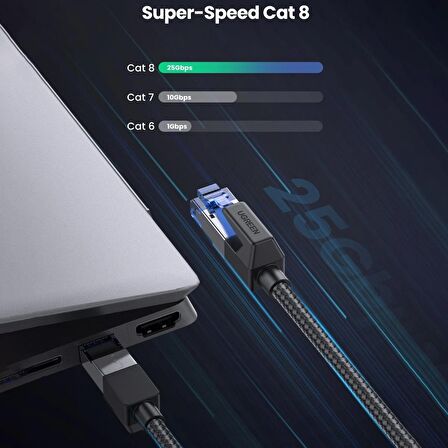 Ugreen Cat8 25Gbps 2000Mhz Örgülü Ethernet Kablosu 1 Metre