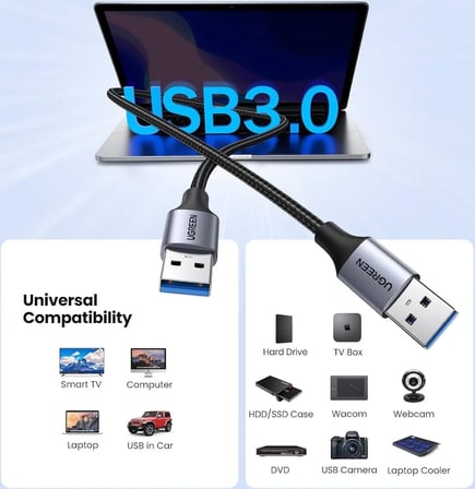Ugreen 80790 US373 USB-A Erkek to USB-A Erkek 3.0 Kablo Örgülü 1metre