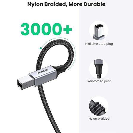 Ugreen USB-A to USB-B 2.0 Örgülü Yazıcı Kablosu 3 Metre