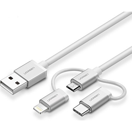 Ugreen 3 in 1 iOS Lightning Type-C Micro USB Şarj ve Data Kablosu Silver