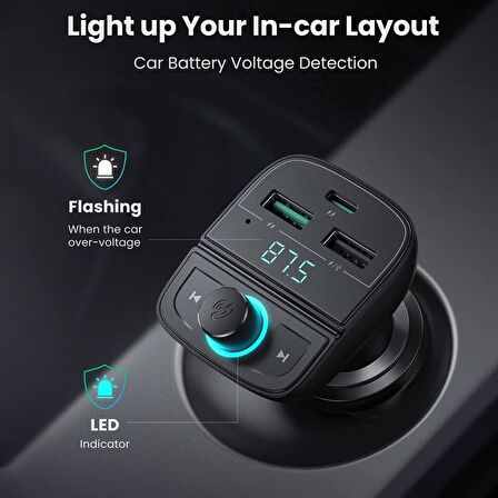 Ugreen Bluetooth 5.0 PD QC 3.0 Micro SD TF Kart Okuyuculu Araç Çakmaklık Şarj Cihazı FM Verici Transmitter