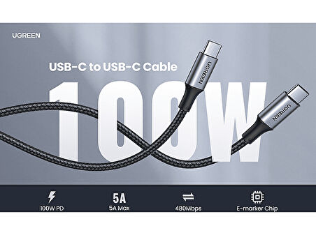 UGREEN USB-C 100W 5A QC PD Örgülü Hızlı Şarj Kablosu 3 Metre Siyah 90120