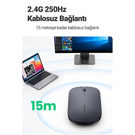 Ugreen 2.4Ghz Sessiz Tuşlu Kablosuz Optik Mouse Gri 90373