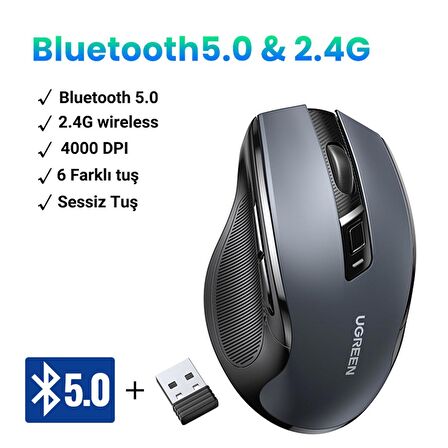 Ugreen Dual Mode 2.4GHz Kablosuz ve Bluetooth 4000DPI Sessiz Optik Mouse 90855