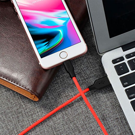 HOCO X21 USB to iPhone Lightning 2A Silikon Hızlı Şarj ve Data Kablosu (Siyah-Kırmızı)