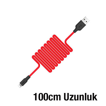 HOCO X21 USB to iPhone Lightning 2A Silikon Hızlı Şarj ve Data Kablosu (Siyah-Kırmızı)