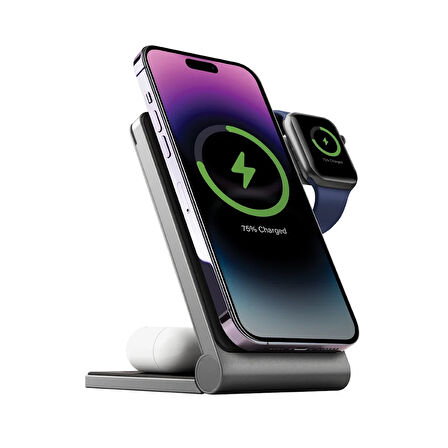 Energea MagTrio 3in1 Katlanabilir 15W Hızlı Şarj Standı - Koyu Gri