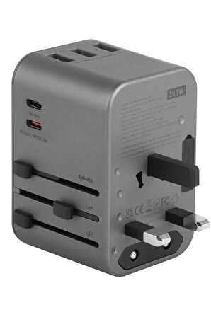TravelWorld 35 Universal 35W Type-C 15W Type-C ve 12W USB Çıkışlı PD Hızlı Şarj Aleti - Koyu Gri