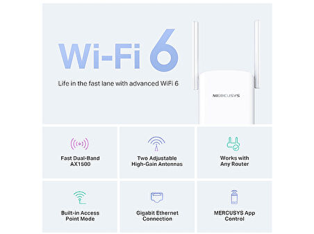 MERCUSYS ME60X Wi-Fi 6 Menzil Genişletici | AX1500 Mbps | Dual-Band | 1 Gigabit Port | 2 Harici Anten | Access Point | Kolay Kurulum | Mobil Uygulama