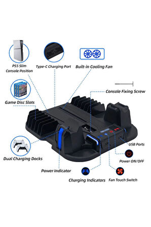PG-TECH GP-521 PS5 Slim Disk/PS5 Slim Dijital Uyumlu Multifonksiyonel Soğutucu Fan Şarj Stand