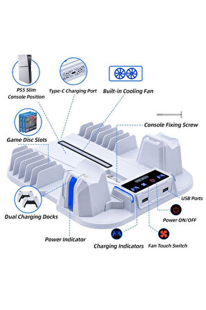 PG-TECH GP-521 PS5 Slim Disk/PS5 Slim Dijital Uyumlu Multifonksiyonel Soğutucu Fan Şarj Stand