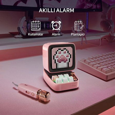 Divoom DitooMic Piksel Ekranlı Karaoke Mikrofonlu Pembe Bluetooth Hoparlör