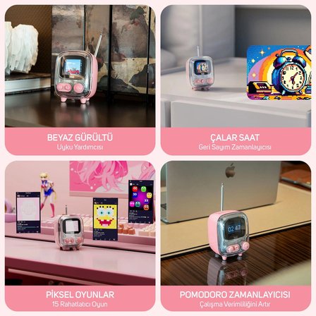 Divoom Tiivoo-2 FM Radyolu Mini Bluetooth Hoparlör, Kablosuz Piksel Ekranlı Retro Taşınabilir Ses Bombası, Pembe