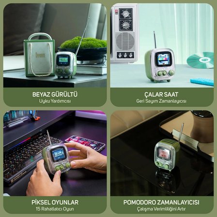 Divoom Tiivoo-2 FM Radyolu Mini Bluetooth Hoparlör, Kablosuz Piksel Ekranlı Retro Taşınabilir Ses Bombası, Yeşil
