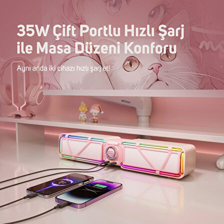 Divoom D-base 30W Masaüstü Bluetooth Gaming Hoparlör, Rgb Işıklı, Çift Portlu 35W Hızlı Şarj, USB/Aux/Bluetooth6.0, Pembe