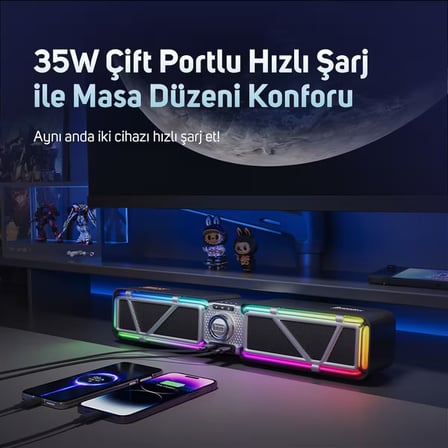 Divoom D-base 30W Masaüstü Bluetooth Gaming Hoparlör, Rgb Işıklı, Çift Portlu 35W Hızlı Şarj, USB/Aux/Bluetooth6.0, Siyah