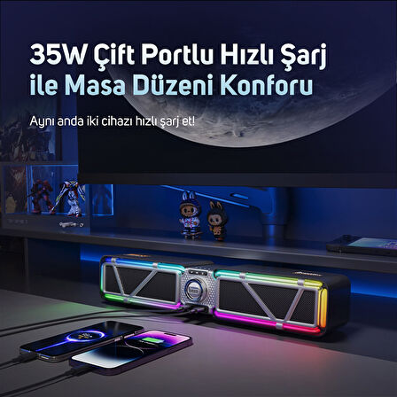 Divoom D-base 30W Masaüstü Bluetooth Gaming Hoparlör, Rgb Işıklı, Çift Portlu 35W Hızlı Şarj, USB/Aux/Bluetooth6.0, Siyah