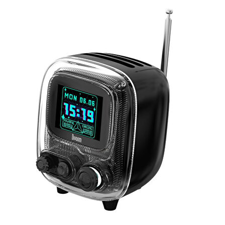 Divoom Tiivoo-2 FM Radyolu Mini Bluetooth Hoparlör, Kablosuz Piksel Ekranlı Retro Taşınabilir Ses Bombası, Siyah