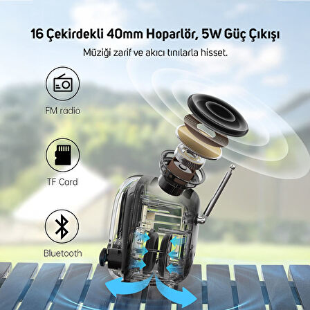 Divoom Tiivoo-2 FM Radyolu Mini Bluetooth Hoparlör, Kablosuz Piksel Ekranlı Retro Taşınabilir Ses Bombası, Siyah