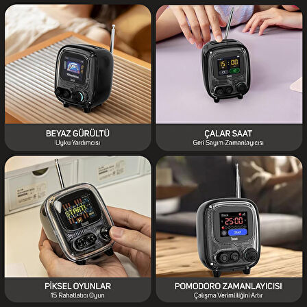 Divoom Tiivoo-2 FM Radyolu Mini Bluetooth Hoparlör, Kablosuz Piksel Ekranlı Retro Taşınabilir Ses Bombası, Siyah