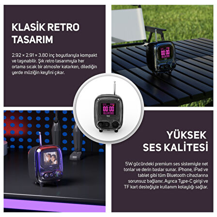 Divoom Tiivoo-2 FM Radyolu Mini Bluetooth Hoparlör, Kablosuz Piksel Ekranlı Retro Taşınabilir Ses Bombası, Siyah