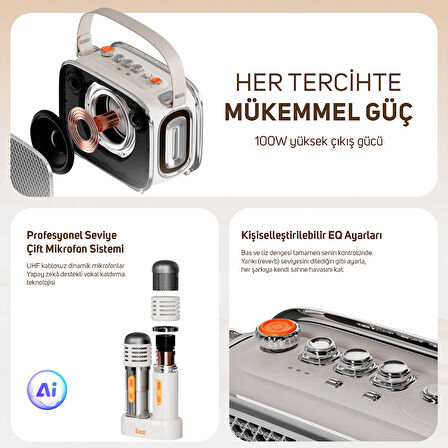 Divoom SongBird Ultra 100W Çift Mikrofonlu Karaoke Bluetooth Hoparlör, Taşınabilir Ses Bombası, 8 Saate Varan Çalma Süresi, Kablosuz, TF/Aux/USB/Bluetooth5.2, Beyaz