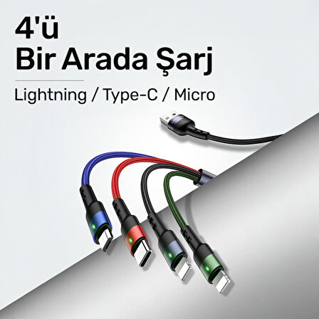 Usams US-SJ317 4in1 2*Lightning 1*Type-C 1*Micro Uçlu 1.2m 2A Örgülü Renkli Şarj ve Data Kablosu