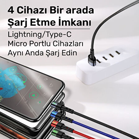 Usams US-SJ317 4in1 2*Lightning 1*Type-C 1*Micro Uçlu 1.2m 2A Örgülü Renkli Şarj ve Data Kablosu