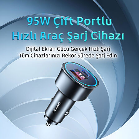 Usams US-CC146 95W (Type-C+USB) Çift Bağlantı Noktalı Hızlı Araç Şarj Soketi-Gri