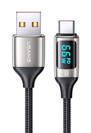 Usams US-SJ544 Dijital Göstergeli,Çipli,Örgülü,1.2m PD 66W USB to Type-C Hızlı Şarj ve Data Kablosu 