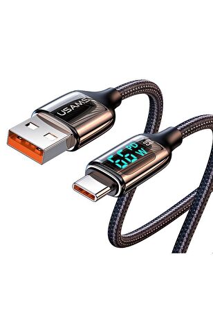 Usams US-SJ544 Dijital Göstergeli,Çipli,Örgülü,1.2m PD 66W USB to Type-C Hızlı Şarj ve Data Kablosu 