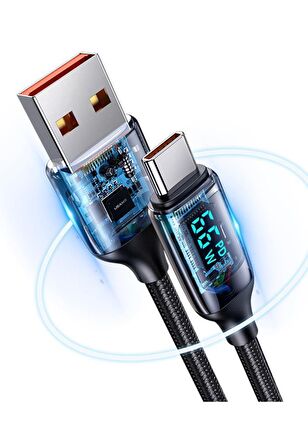 Usams US-SJ544 Dijital Göstergeli,Çipli,Örgülü,1.2m PD 66W USB to Type-C Hızlı Şarj ve Data Kablosu 
