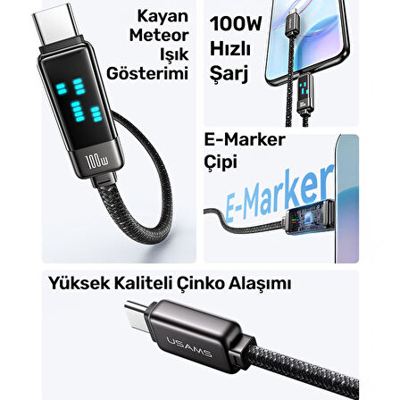 Usams US-SJ744 Type-C To Type-C 100W Meteor Efekt Ekranlı 1.2m Hızlı Şarj ve Data Kablosu Titanium