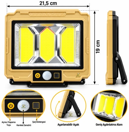 Solar Sensorlu Cob Led Sokak & Bahce Aydinlatma Projektoru – 2400 Mah, Kumandali, Su Gecirmez