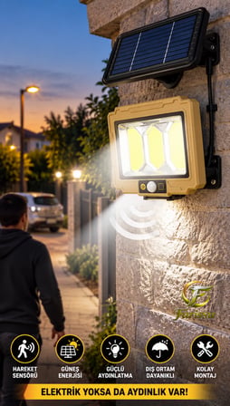 Solar Sensorlu Cob Led Sokak & Bahce Aydinlatma Projektoru – 2400 Mah, Kumandali, Su Gecirmez