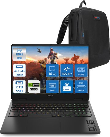 Hp Omen Slim 16-AM0000NT Intel Core Ultra 9 285H 40GB Ddr5 2tb SSD RTX5060 8gb Gddr7 16 Inç Wuxga (1920X1200) 165Hz 400NITS 3ms IPS Freedos Taşınabilir Bilgisayar BQ3Z2EAF21 + Zetta Çanta