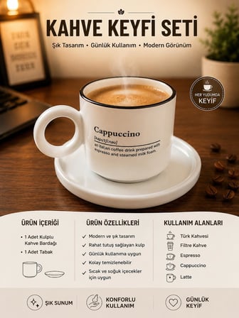 Kulplu Cappuccino Kahve Bardağı ve Tabak Seti Modern Tasarım Seramik Kahve Kupası Kahve Sunum Seti