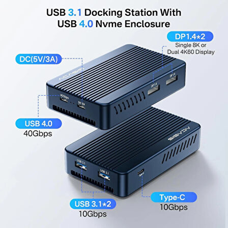Acasis TBU405 PLUS 6 in 1 Thunderbolt USB-C Dock + SSD Disk Kutusu, Intel JHL7440 Chipset, 2x 8K60Hz DisplayPort, 2x USB-A 3.1, 1x Type-C 3.2, USB4, Alüminyum, Windows/Mac OS Uyumlu (TBU405-PLUS)