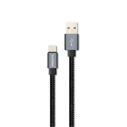 Philips 2023DR3A 3A 60W UsbA to Type-C Deri Kaplama Hızlı Şarj ve Data Kablosu Siyah 