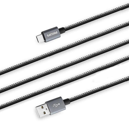 Philips 2023DR3A 3A 60W UsbA to Type-C Deri Kaplama Hızlı Şarj ve Data Kablosu Siyah 