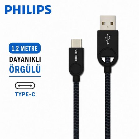 Philips USB-A to USB-C Kablo 1.2 Metre Dayanıklı Örgülü Hızlı Şarj Senkronizasyonlu Type-C Kablo