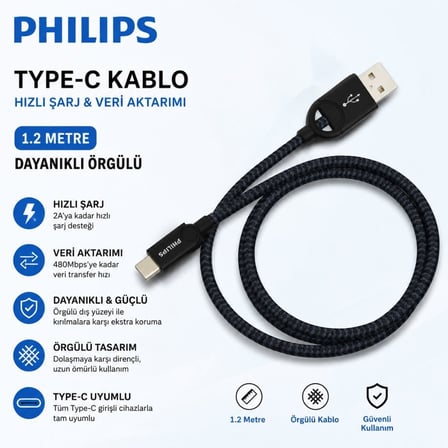 Philips USB-A to USB-C Kablo 1.2 Metre Dayanıklı Örgülü Hızlı Şarj Senkronizasyonlu Type-C Kablo