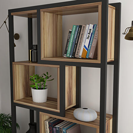 Oykotra Serisi Kitaplık 5 Büyük Raflı 90 cm Ceviz Desen Siyah Metal Ayak Kitaplık