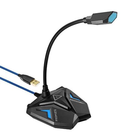 Promate Streamer Mikrofon Oyun Tip USB Girişli Profesyonel HD Esnek LED Işıklı Kayıt İçin Uygun Mikrofon Mavi