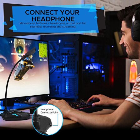 Promate Streamer Mikrofon Oyun Tip USB Girişli Profesyonel HD Esnek LED Işıklı Kayıt İçin Uygun Mikrofon Mavi